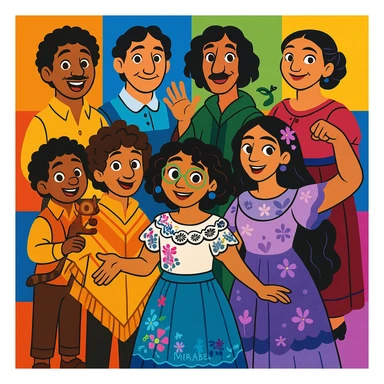 The Madrigal family from Encanto, colorful magical family portrait, vibrant clothing, each character with their unique magical trait, Disney-inspired style sticker