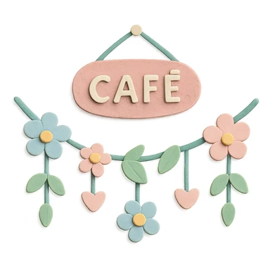 wall floral garland with tiny hearts in a cozy café, soft pastel colors, paper craft style sticker