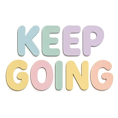 cute rounded style "Keep Going" in soft pastel rainbow bubble letters, no border, transparent background sticker