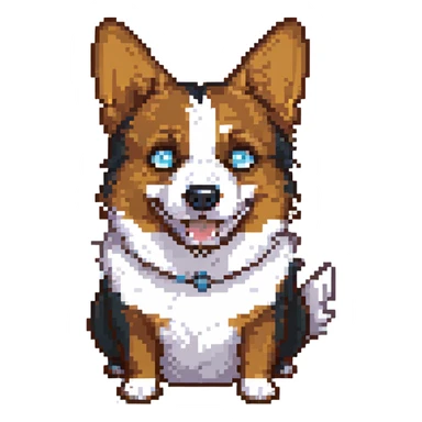scared anthropomorphic corgi, black fur, white underbelly, left brown eye, right light blue eye sticker