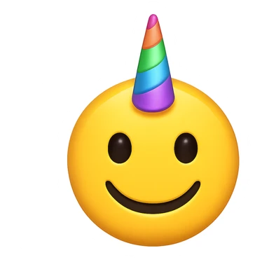 yellow face with rainbow unicorn horn, digital illustration, emoji style sticker