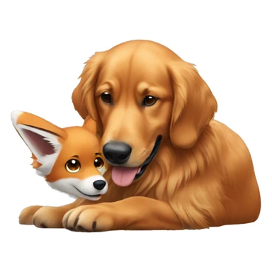 a brown golden retriever playing with a fox sticker