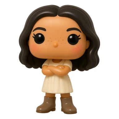 Create a Funko Pop style vinyl figure with superior quality, smooth tanned skin, detailed dark hair, textured feminine cream dress, greige leather boots clearly visible, arms crossed, rosy cheeks, very discreet freckles, eyelashes, mischievous and cheerful expression, no mouth, transparent background. sticker