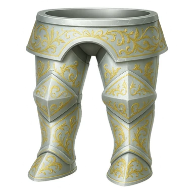 Recolor these platelegs to a very light metallic silver color with ornate gold engravings. Emphasize a bright, reflective silver finish and detailed gold engravings. Transparent background. sticker