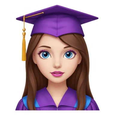 stunning girl with gorgeous long brown hair, blue eyes, long lashes makeup, sexy pink lips, wearing a purple graduation cap and gown sticker