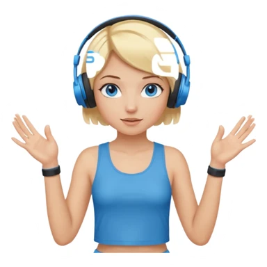 girl with blonde and middle short hair and blue eys with heands telling what, having heaphones on head, and short  sticker