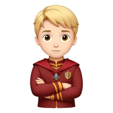 A young boy slightly to the side looking forward with crossed arms wearing the Gryffindor uniform sticker
