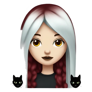 Pale girl with black eyeshadow and long burgundy red colored hair with an emo haircut and layered holding a black cat sticker