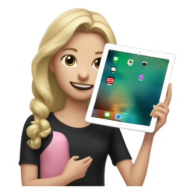 Apple grey ipad in girls hands (blond Girl whole height pinky lips greenish eyes wearing black top) sticker