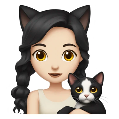 A girl with white skin, mid long auburn and black hair, holding a black cat with yellow eyes sticker