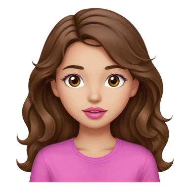 girl with long wavy brown hair, brown eyes, light to medium complexion, in a pink shirt, pink lips, long lashes,kissing sticker