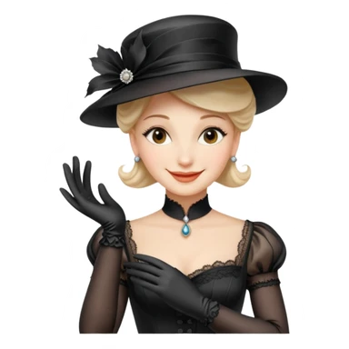 Madame Forestier from 'The Necklace' by Guy de Maupassant, upper body, elegant stance, wearing pure silk gloves, a beautiful and elegant laced hat, smiling sticker