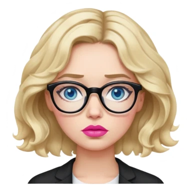 Blonde woman with short wavy hair, blue eyes and pink lips wearing black glasses looking really tired.   sticker