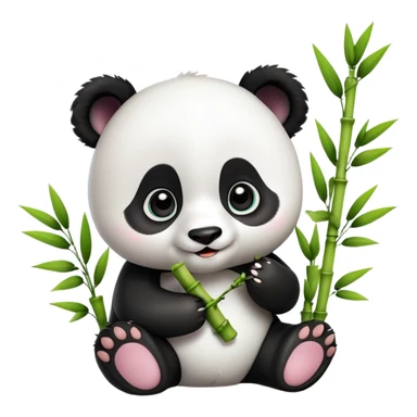 A 3D baby panda sitting and happily eating bamboo, big shiny eyes, cute and cartoonish style, soft lighting, high quality sticker