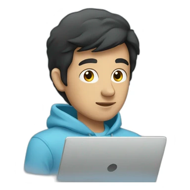 man without beard with sky blue hoodie with black hair working on laptop sticker