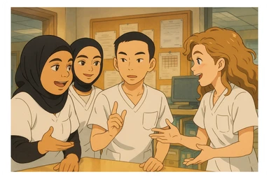 Four nursing students inspired by the four provided faces, in lively discussion in a care station, in Ghibli style. They wear short-sleeved white uniforms, medical tunics with V-neck and left chest pocket, no stethoscopes or clothing extending beyond sleeves. Dynamic scene of teamwork. sticker