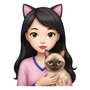 Asian woman with fair skin holding a Siamese cat, black see-through bang front hair, long wavy hair, round brown eyes, light pink blush, pink lips, warm atmosphere, Apple emoji style sticker