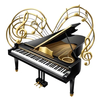 Create an elegant and festive emoji collage representing keyboard instruments, styled like a heraldic emblem. The design should feature a central focal point of black and white piano keys, arranged in a semi-circular or shield-like shape. Around the piano keys, add intertwining musical notes that form flowing ribbons, creating a dynamic and celebratory atmosphere. The design should be professional, with polished silver and gold accents on the keys and notes, highlighting the luxury and sophistication of the instruments. Add subtle shading and lighting effects to give the design a refined, 3D appearance. The background should remain transparent, and the overall feel should evoke grandeur, artistry, and a sense of celebration. sticker