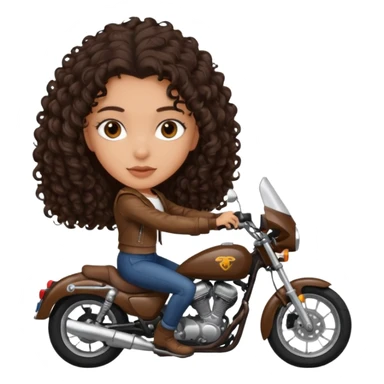 18 year old girl, dark brown curly hair, white but tanned, dark brown eyes, riding a motorcycle or car sticker