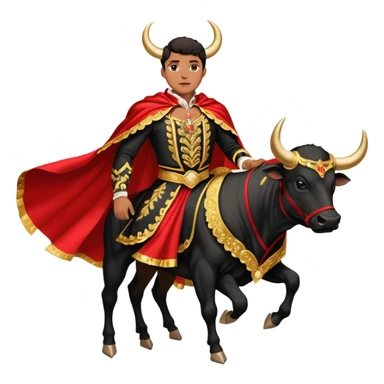 Create a realistic image of a traditional bullfighting scene in a Spanish arena.
Show a bullfighter (matador) HOLDING a red cape (muleta) not wearing one. as a powerful black bull charges toward it. NOT riding the bull. sticker
