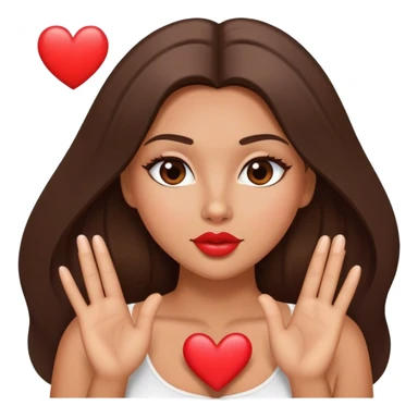 tanned beautiful girl kiss with pump lips and brunette straight long hair showing heart sticker