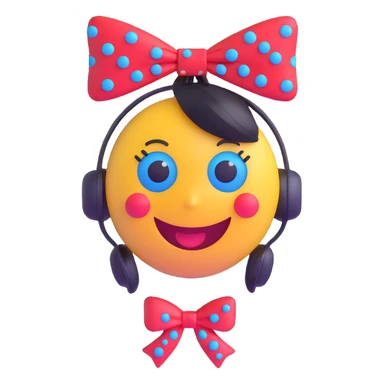 3D smiley emoji, large eyelashes, red polka dot bow, nervous, side-looking eyes, blue eyes, musical notes sticker