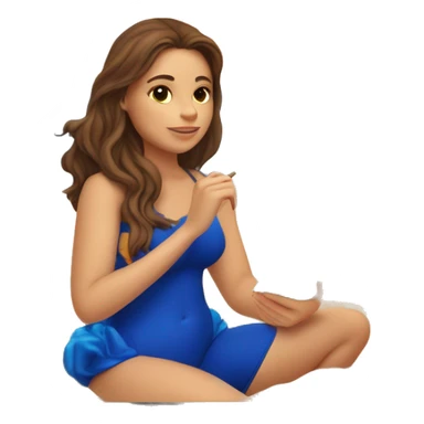 a girl with brown hair in a blue swimsuit sits on the sand by the sea and looks at the sunset in her hand holds a notebook in which the sea and sunset are drawn sticker