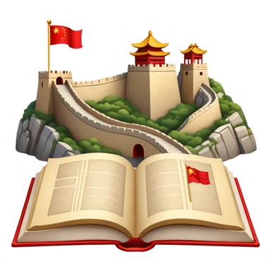 An icon featuring the Great Wall of China and the flag of China, symbolizing the Chinese language. The design includes an open book with Chinese characters and a red lantern, representing language learning and rich cultural tradition. Transparent background highlights the depth of Chinese heritage. sticker