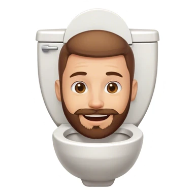 A toilet with a guy with a brown beard and light skin’s head sticking out of it, smiling sticker
