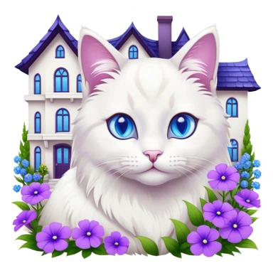 Cute cat next to a big house with purple flowers  sticker