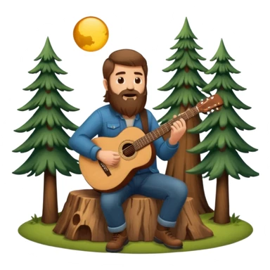 forest sticker character, bearded man with long brown hair playing acoustic guitar by pine trees sticker