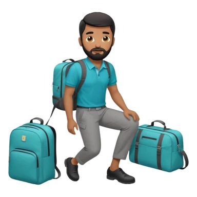 man with black short male hair and black hair and beard and hes in a office with his grey backpack on the floor and he has a tourquose polo shrit with gre dress pants and hes working at a hotel sticker