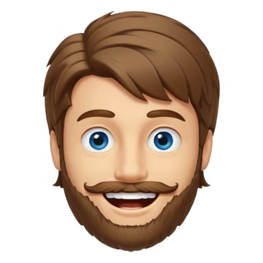 25 year old man, short scruffy beard and sparse moustache, brown puffy mullet, blue eyes, big smile, white teeth, big lips, pronounced jaw, hair longer in back, sticking up on top sticker
