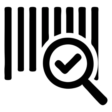 icon of a barcode with a magnifying glass and a checkmark sticker