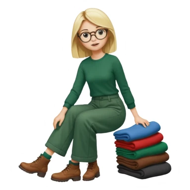 Fille blonde, pantalon ample vert foncé. Lunettes ronde fine. Bottines marrons. Elle pousse une cargaison de chaussettes  sticker