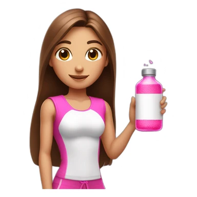 fitness girl with straight long brown hair, wearing white and holding a pink magic potion sticker