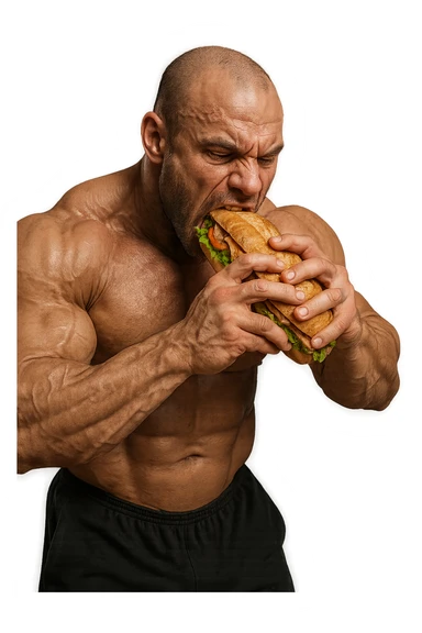 bodybuilder che mangia affamato un panino, iperrealistico 4k sticker