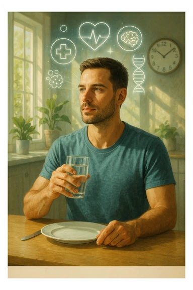 A realistic, cinematic illustration of a healthy, calm man in his early 30s sitting in a bright kitchen in the morning, with an empty plate in front of him and a glass of water in his hand, looking serene and focused. Behind him, the background shows subtle symbols of health: green plants, sunlight streaming in, and a blurred wall clock showing 10:00, symbolizing the fasting window. Above the man, a translucent overlay of medical icons (heart, brain, DNA strand) glows softly, illustrating that intermittent fasting acts as a powerful medicine, not merely a diet. The color palette is fresh and natural, emphasizing health, clarity, and focus. The style is realistic with slight cinematic tones, conveying that the man is using intermittent fasting as a tool for cellular regeneration, inflammation reduction, and health optimization rather than weight loss sticker