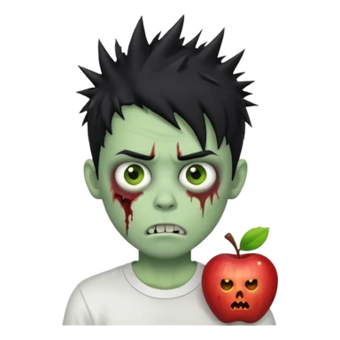zombie boy with messy spiky black hair, white shirt, pale green skin, apple emoji style sticker
