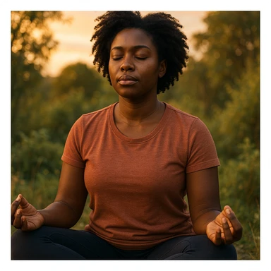 realistic style portrait of a black woman meditating, with a nature background and warm light sticker