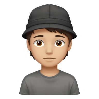 Create a teen boy wearing a faded black T-shirt. He will have brunette hair, tan skin, and dark brown eyes. He is wearing a gray hat turned backwards. sticker