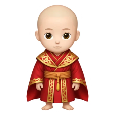 A small chibi-style monk character with red ceremonial robe with layered fabric and decorative gold-like patterns

 sticker