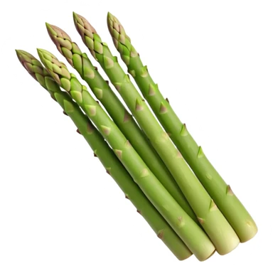 asparagus spears, bundled, green with tight pointed tips, stalks fade to pale at base, smooth surface, faint vertical ridges, natural color, stems aligned and slightly curved, no string or garnish, soft lighting, emoji scale sticker