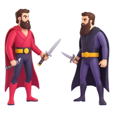 superhero comic cover with bearded hero facing off against razor-wielding villain, dramatic lighting sticker