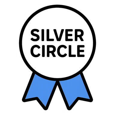 silver circle with blue ribbon and words 'Silver Circle' subtly integrated, symbolizing supportive community for professionals 45+, modern positive vibe sticker