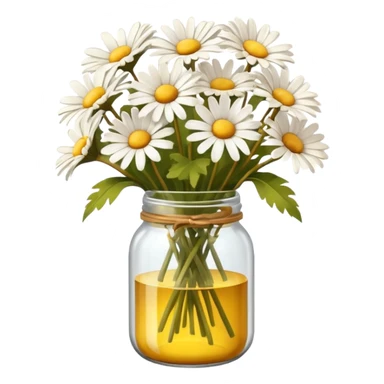 bouquet of daisies in a glass jar, brown sticker