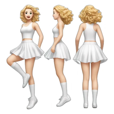 Hyperrealistic Full body Caucasian curvy beauty jumping short white skirt back and front views strong wind knickers long white socks sticker