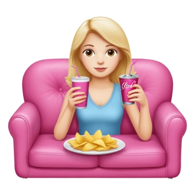home white girl with plate of chips and soda drink, sitting at the pink sofa sticker