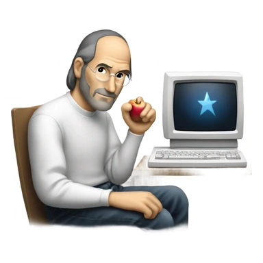 Steve Jobs with his hand on a Lisa computer sticker