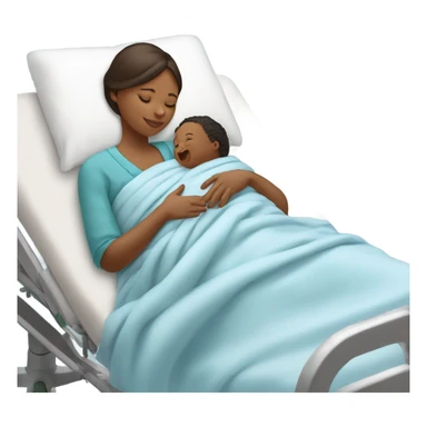 A mother lying on a hospital bed, cradling her newborn baby wrapped in a soft blue swaddle blanket.






 sticker